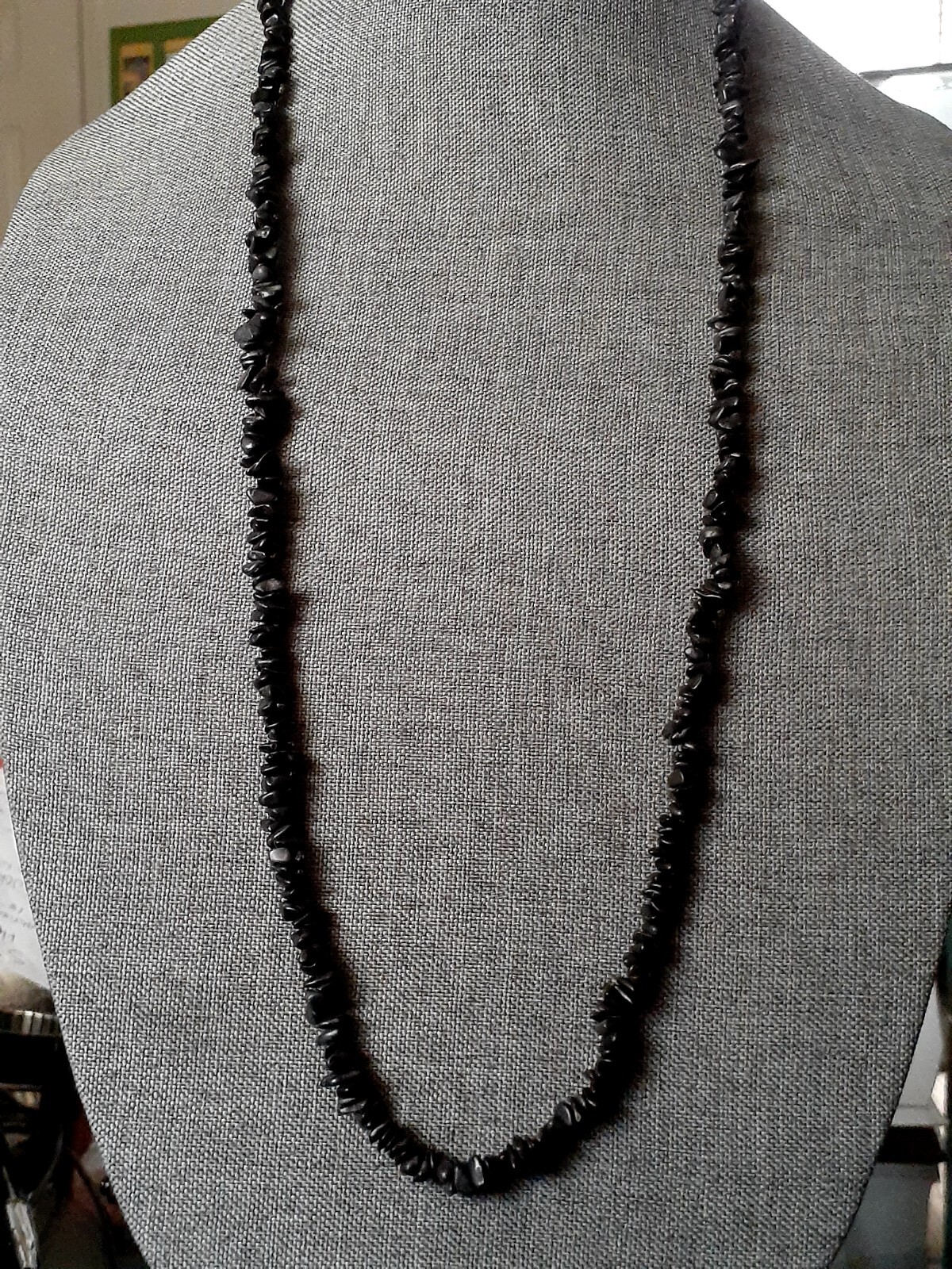 Matte Black Gemstone Single strand Necklace. 35 in.