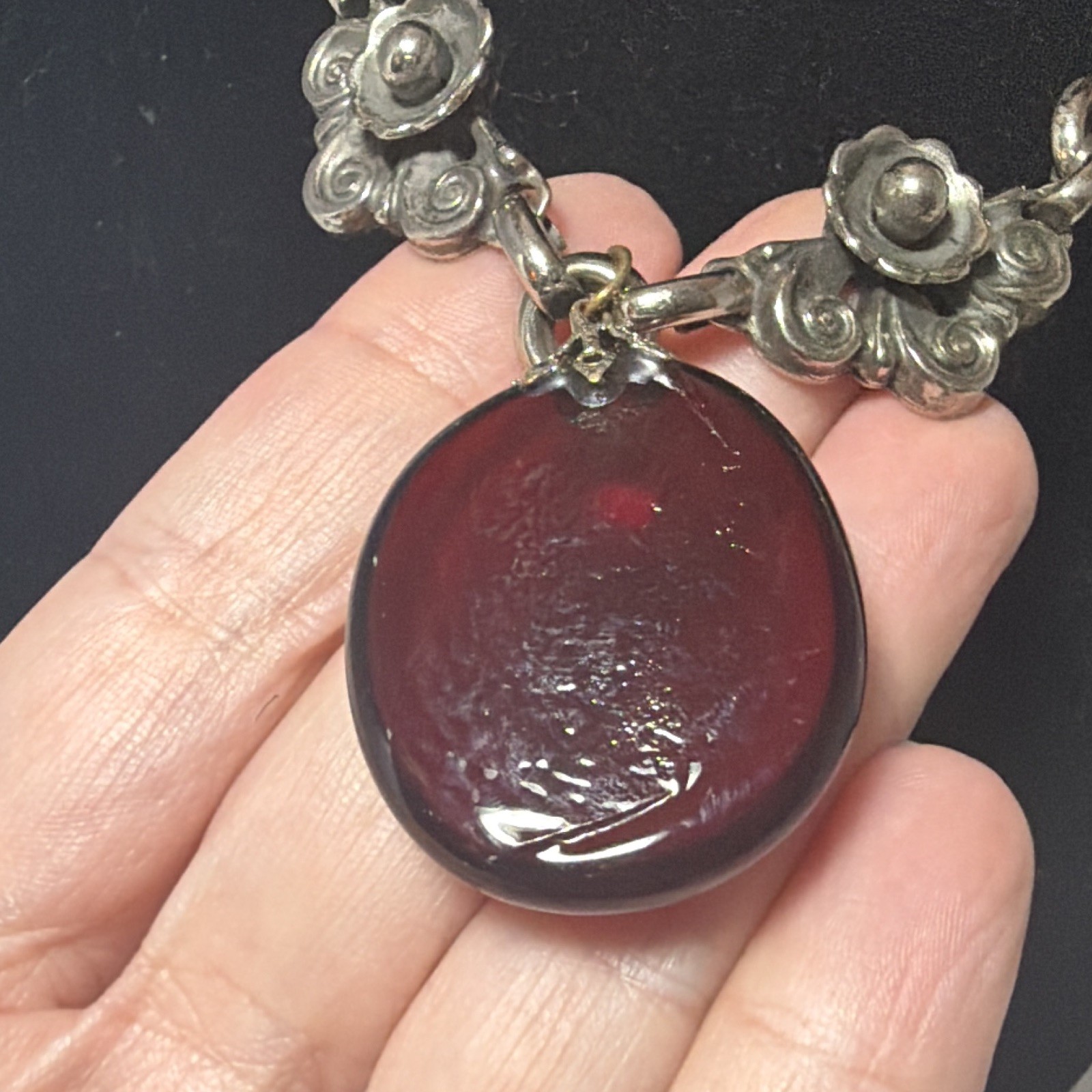 Vintage Signed Barclay Silver-Tone Floral Link Necklace Ruby Red Glass Pendant