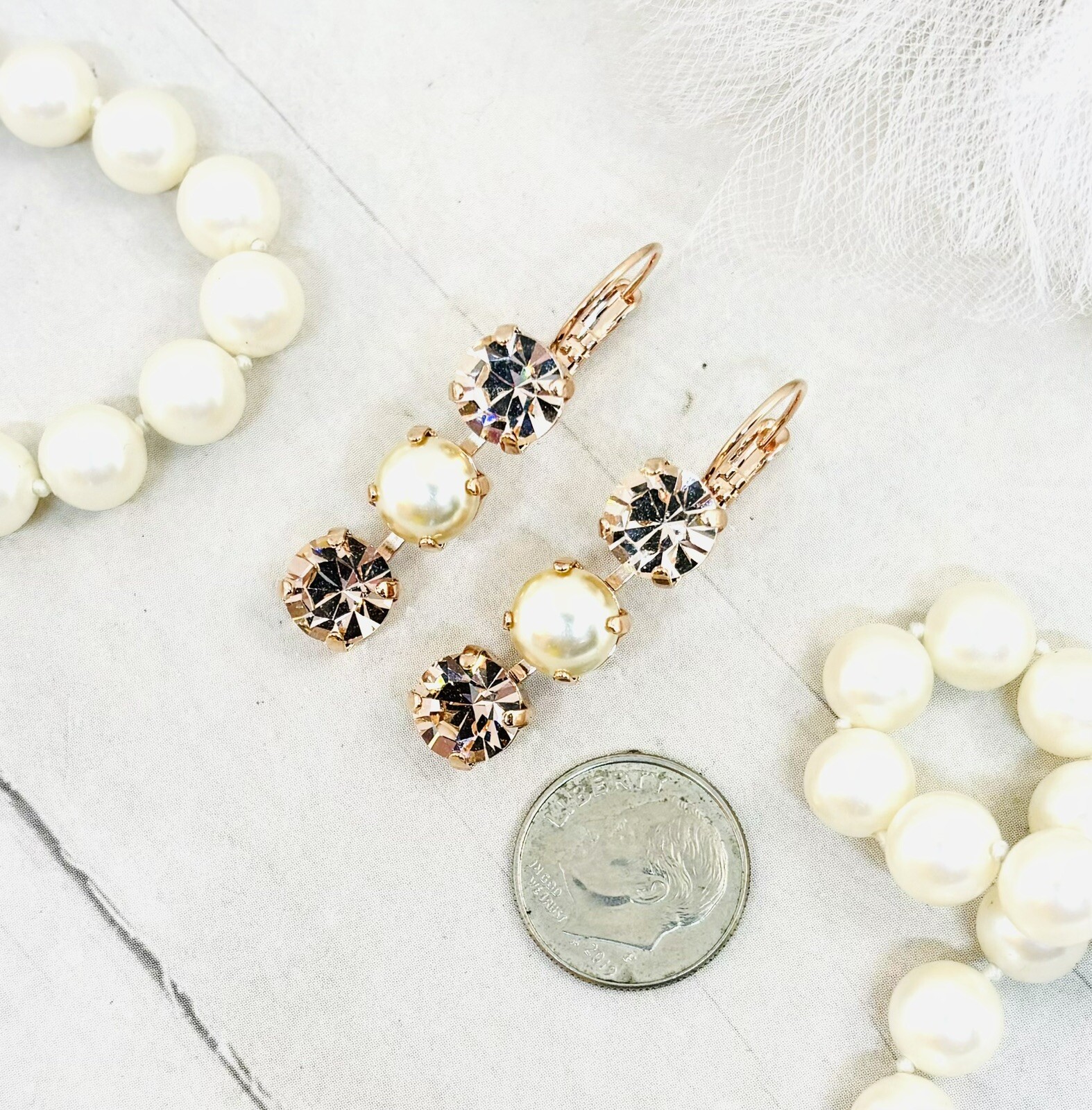 8mm Rose Gold Cream Pearl and Champagne Triple Stone Cup Chain Earring Pair