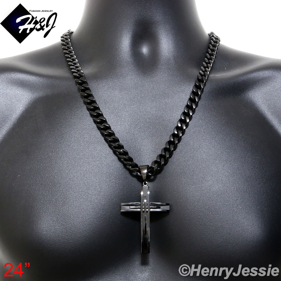 24″30″36″MEN Stainless Steel 11mm Black Plated Cuban Curb Chain Cross Pendant*A