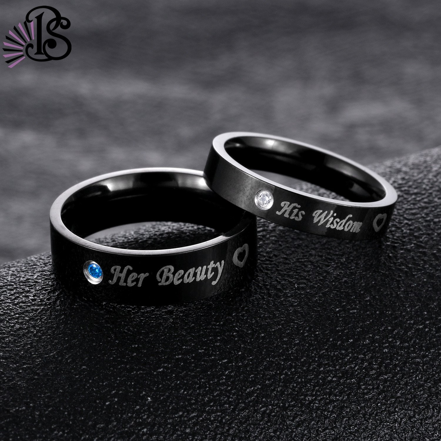 2pcs Matching His Beauty Her Wisdom Stainless Steel CZ Wedding Couple Ring Set