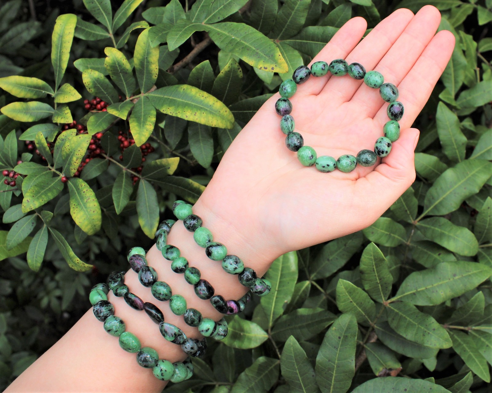 Ruby Zoisite Tumbled Stone Crystal Bracelet 6-8mm: Genuine Ruby Gemstone Jewelry