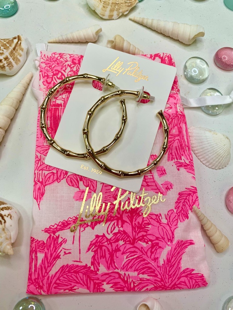 LILLY PULITZER BAMBOO FORREST HOOP EARRINGS Gold Metallic, Brand New + Lilly Bag