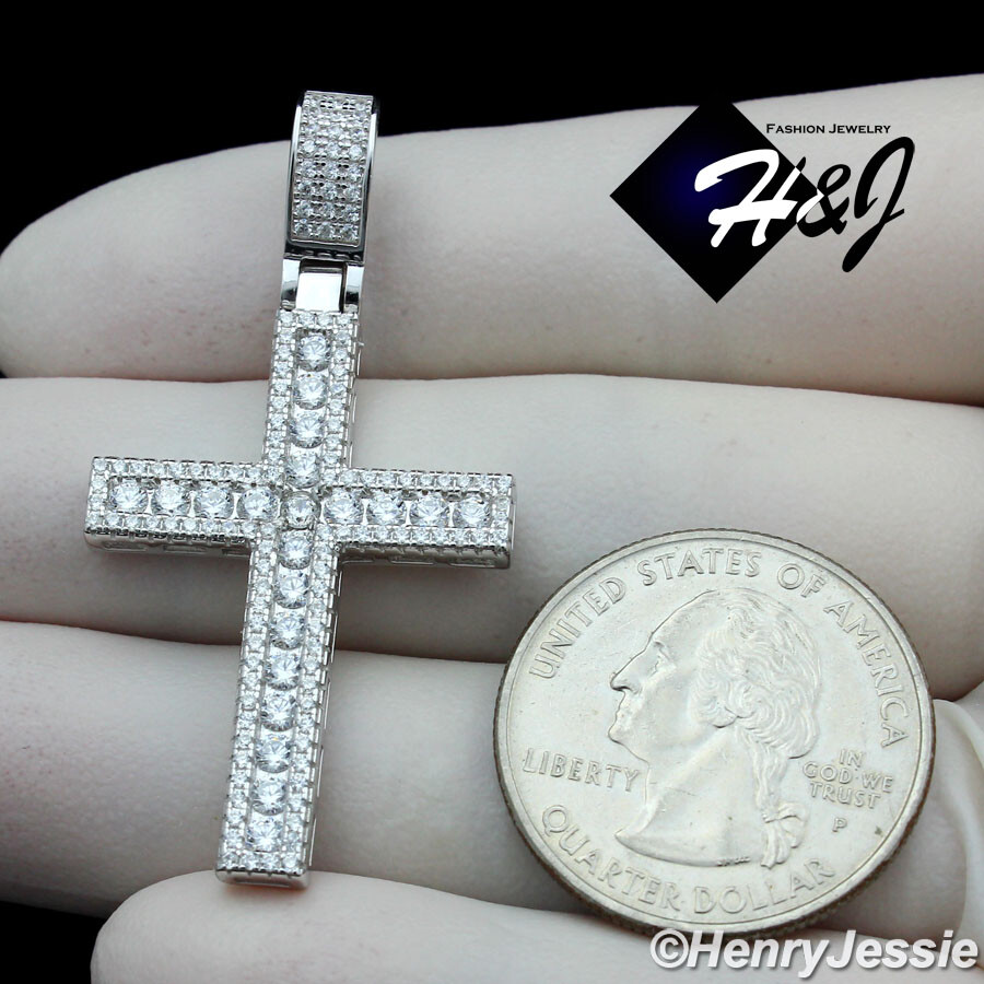 MEN WOMEN SOLID 925 STERLING SILVER ICY BLING CZ 3D SILVER CROSS PENDANT*SP298