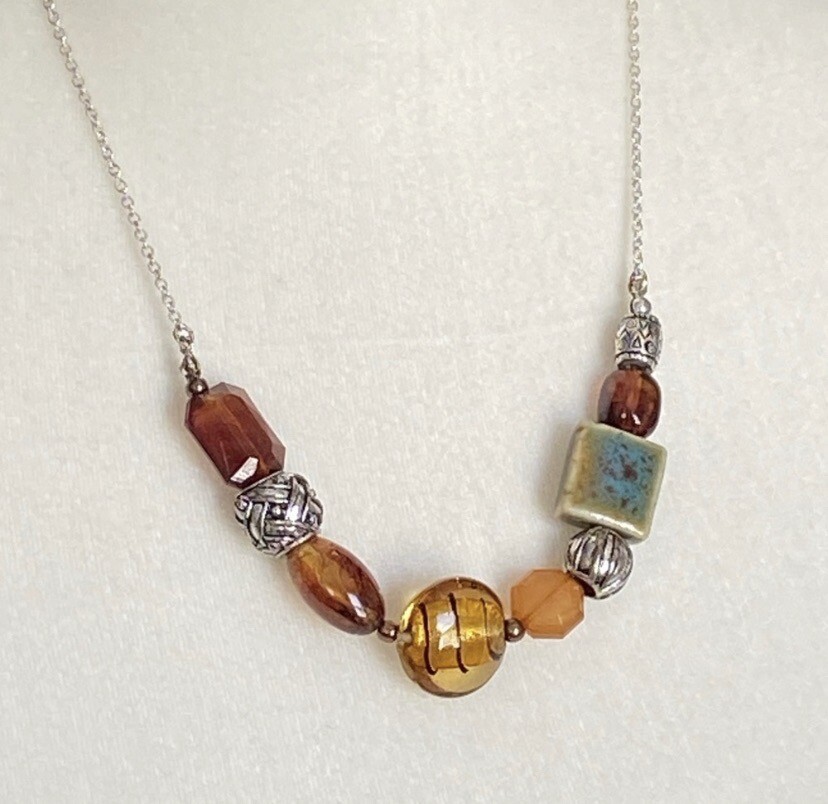 SAQ Boho Glass Brown, Blue & Silver Beaded Necklace