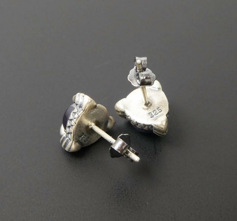 Sterling Silver Claw Set Purple Crystal Cabochon Tiny Stud Post Earrings Unique