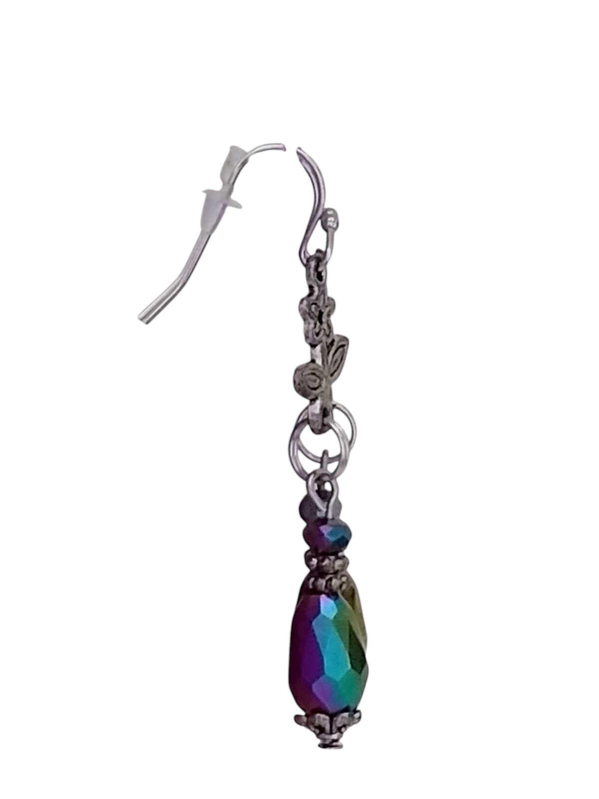 Handcrafted IRRIDESCENT BEADS SILVERTONE FLOWERS Double-Sided Dangle Earrings