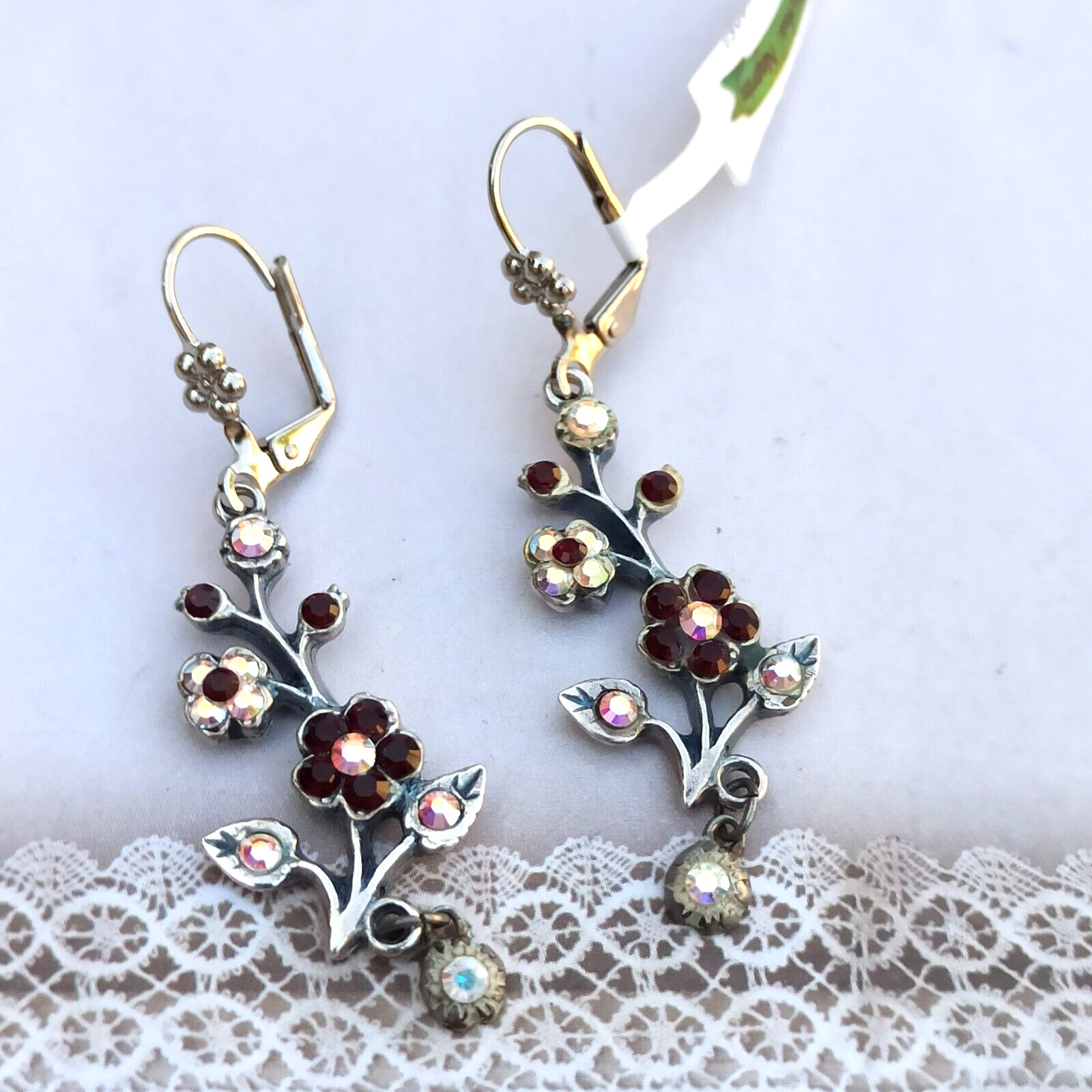 Michal Negrin Earrings Silver Aurora Borealis Red Crystals Long Flower Branch