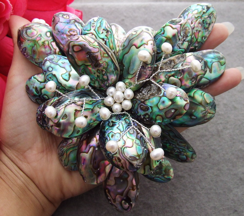 20″ 2Strands White Pearl Abalone Shell Statement Necklace