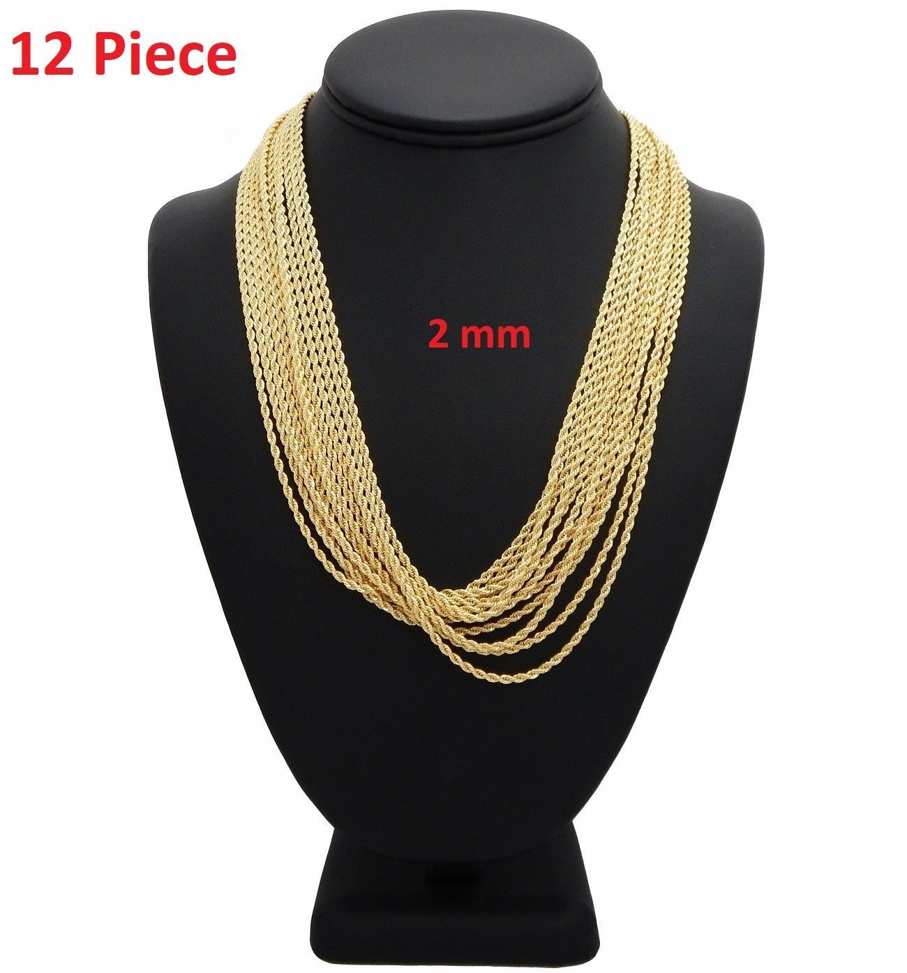 12 Piece Italy Rope Chain 2mm 20″ inch Necklace 14k Gold Plated Wholesale Lot