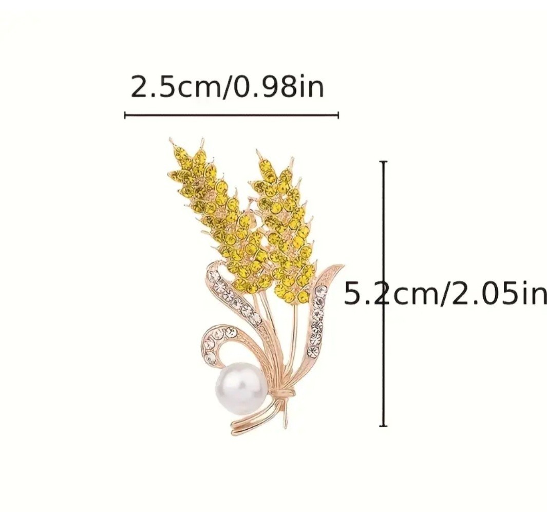 Gold Tone Flower Brooch Pin Yellow Rhinestones White Round Pearl 5.2cm