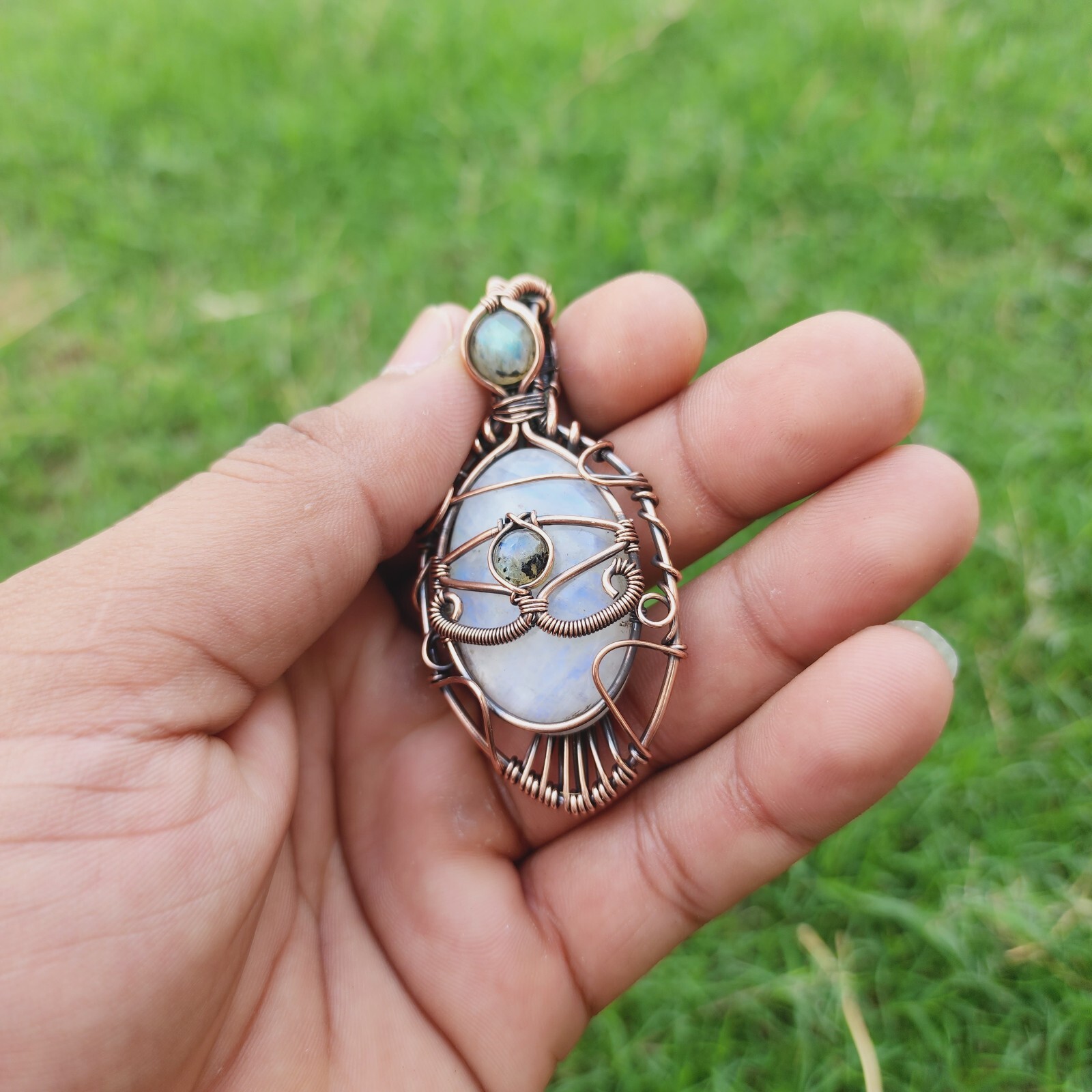 Rainbow Moonstone Labradorite Handmade Wire Wrapped Evil Eye Pendant Jewelry