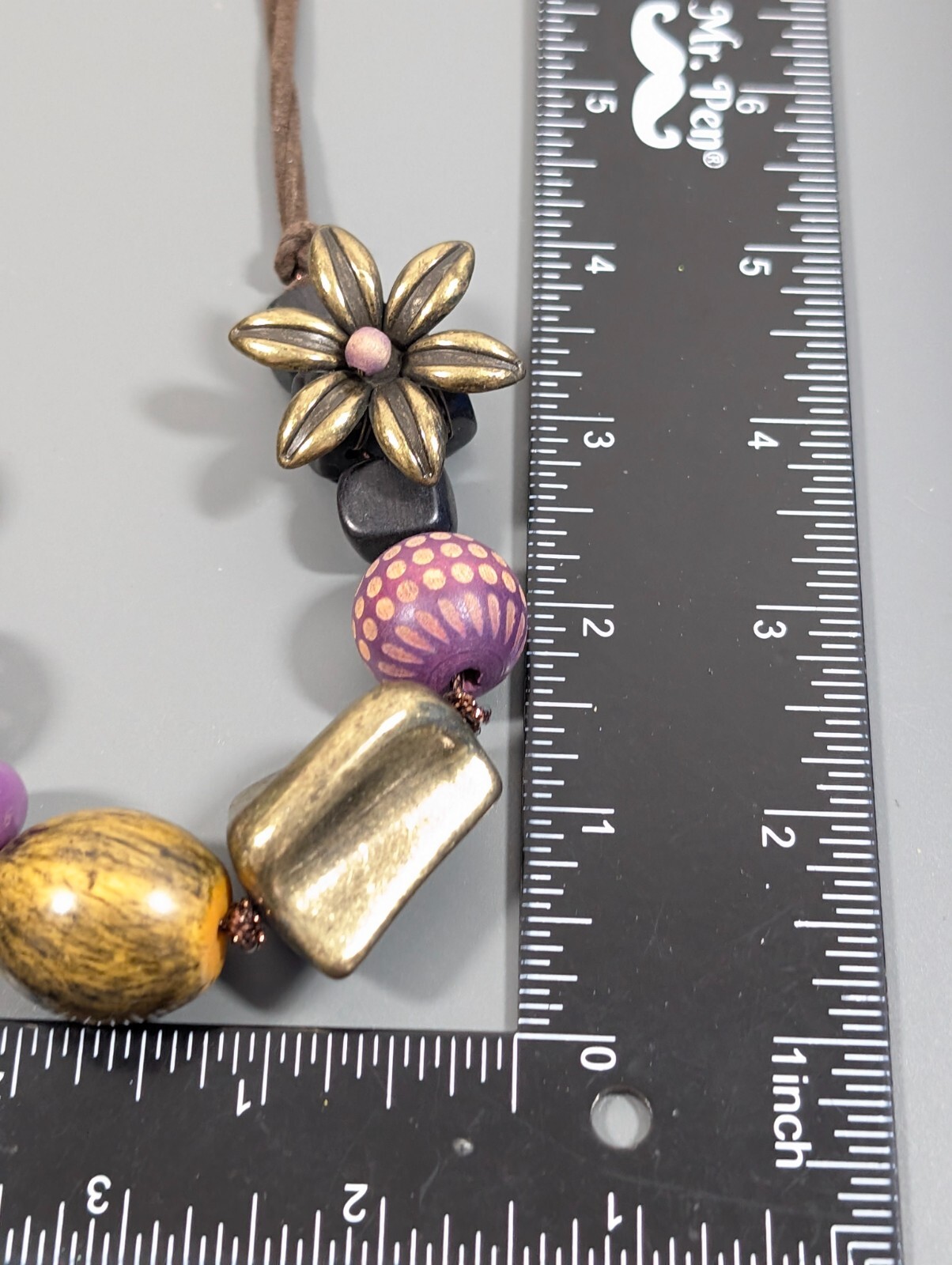 Boho Purple Bronze Tone Flower Beaded Filigree Ball Wood Cord Necklace 23 in