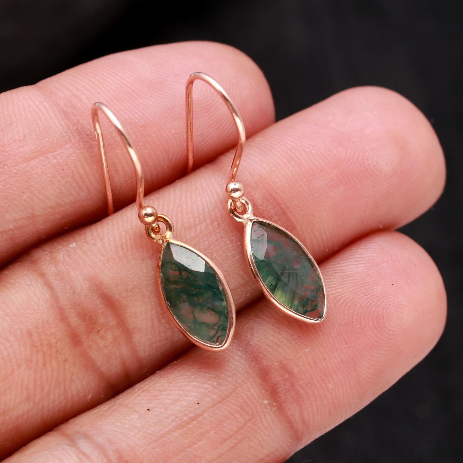 Natural Moss Agate Marquise Dangle Earrings Rose Gold Fill Solid Silver Jewelry