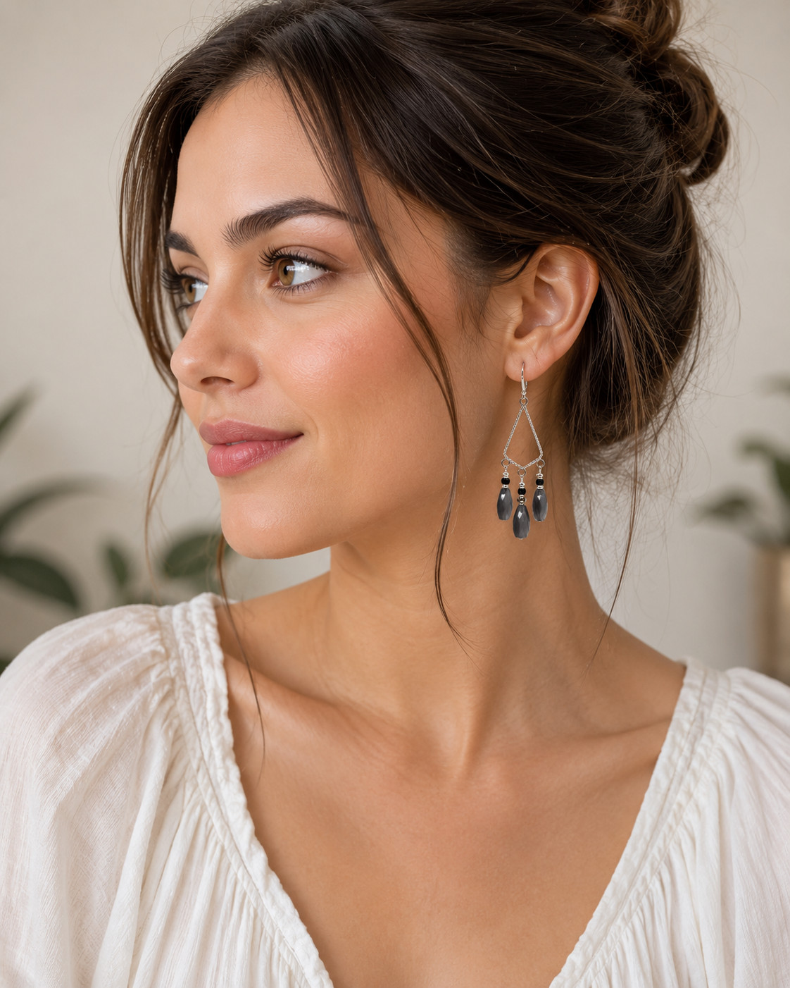 Silver Tone Gray Faceted Bead Chandelier Dangle Earrings Leverback Boho