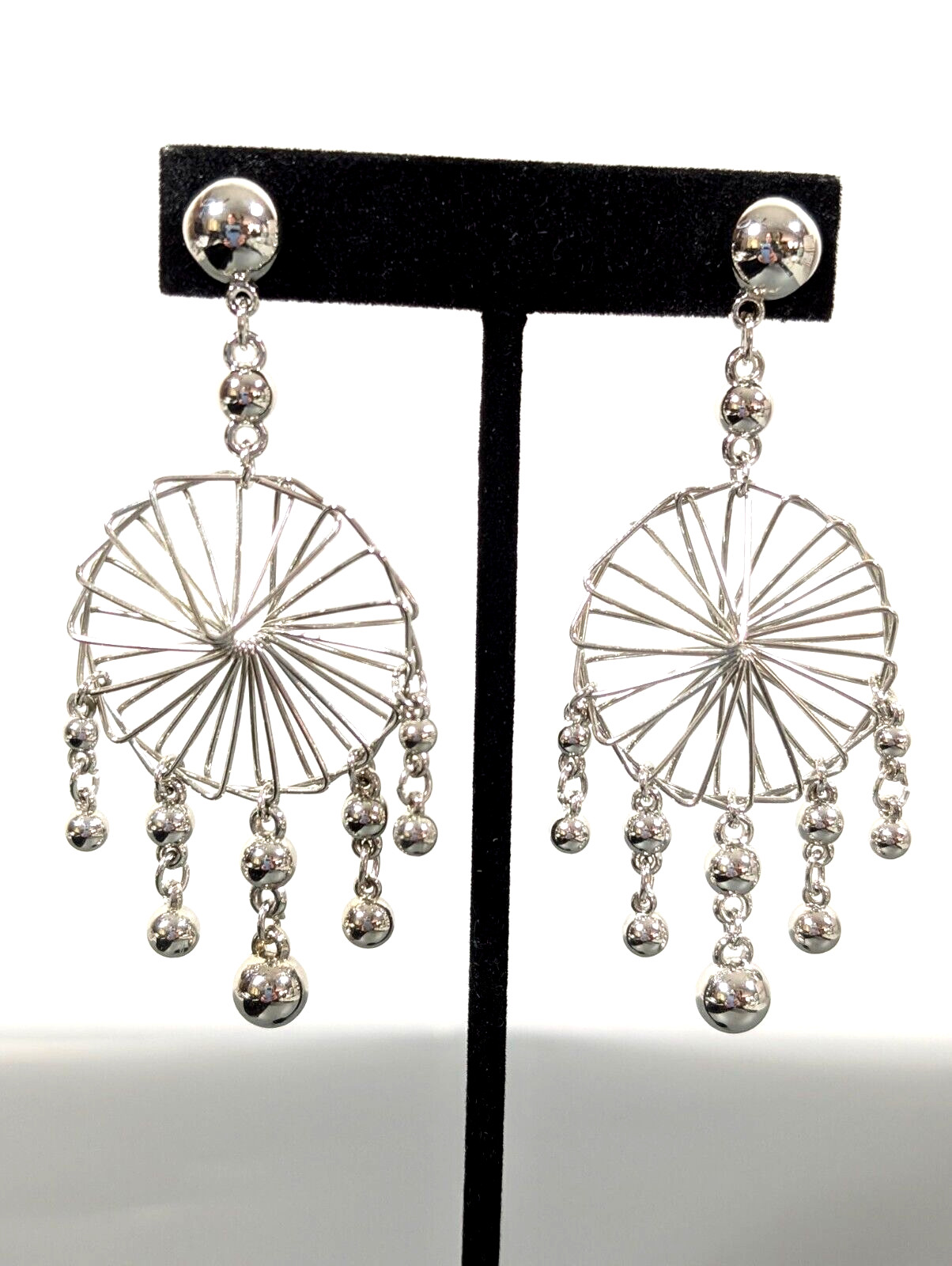 Silver Tone Wire Round Spiral Charm Dream Catcher Pierced Earrings