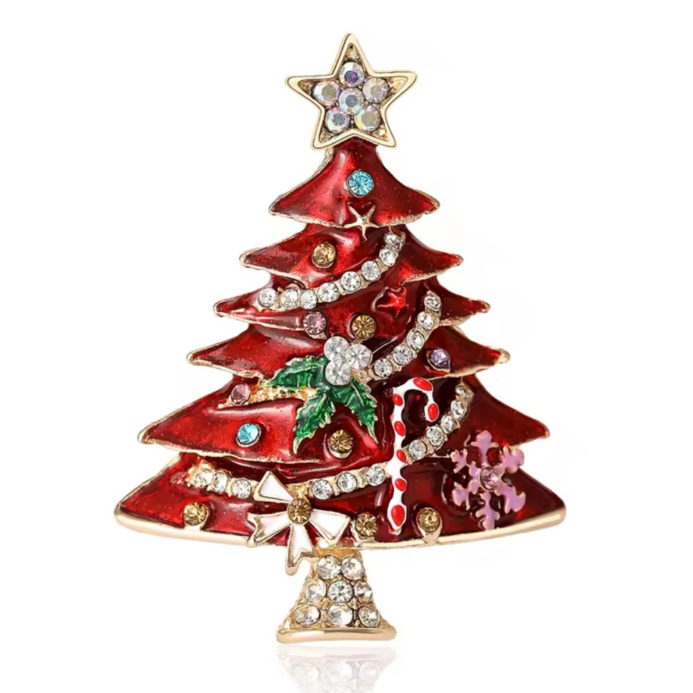 Enamel Rhinestone Christmas Tree Brooch Pin, Gold Holiday Winter Jewelry Gift