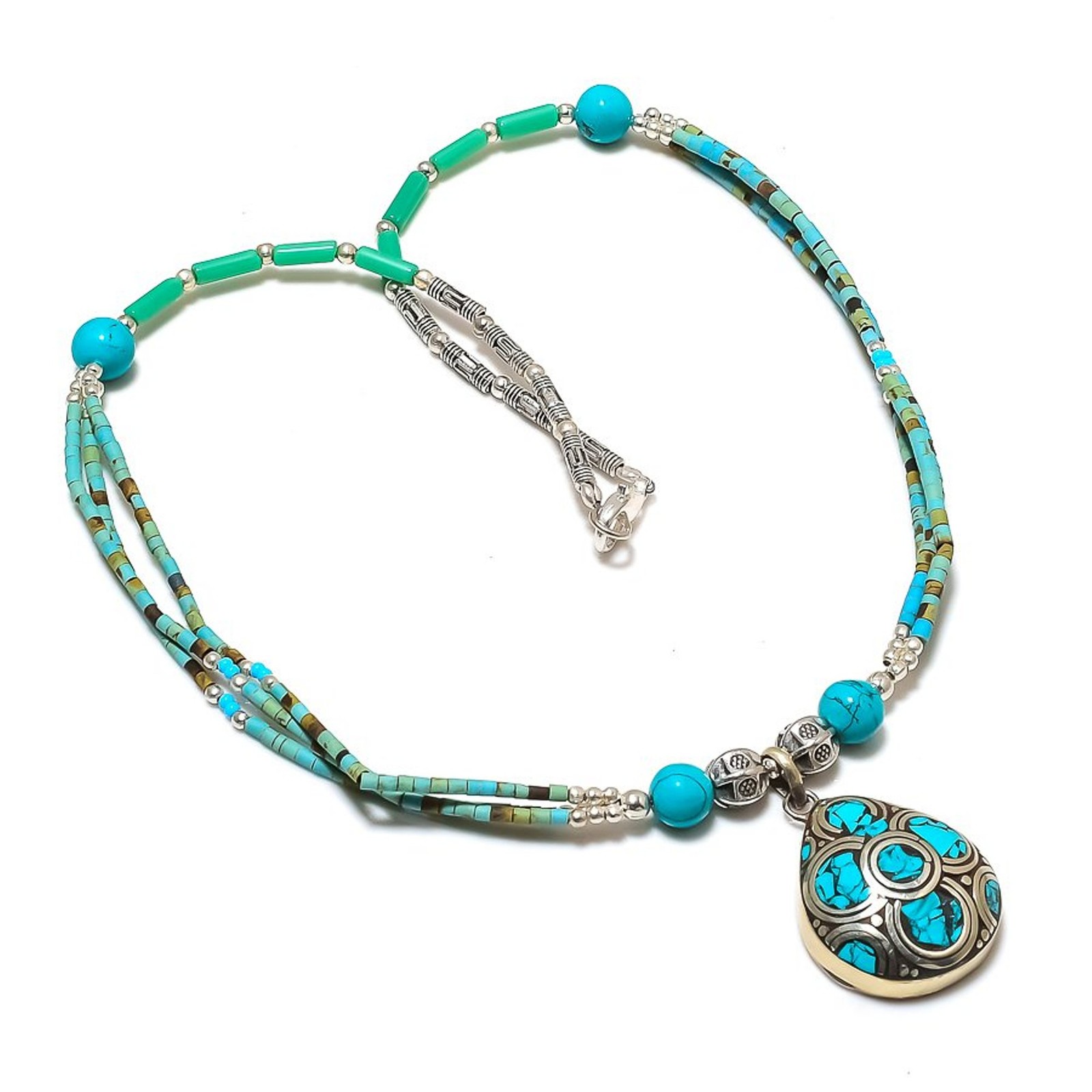 Turquoise Gemstone Necklace Handmade Tibetan Nepali Beaded Jewelry 18″ NA 755
