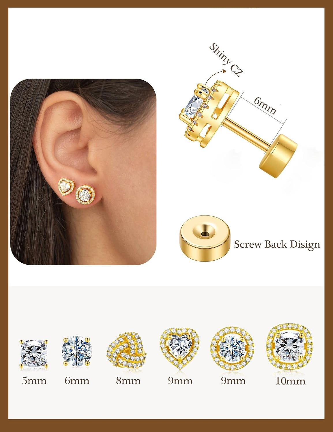 6 Pairs Hypoallergenic Flat Back Stud Earrings Set for Women – 14K Gold/Silver P