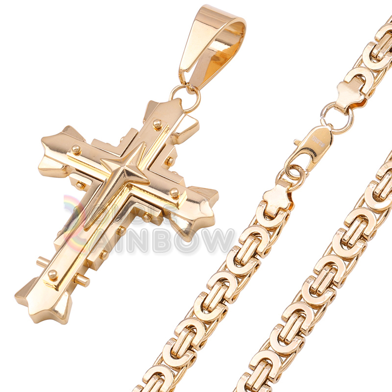 2P3 18-36″Men stainless steel Gold religious cross pendant Box necklace chain