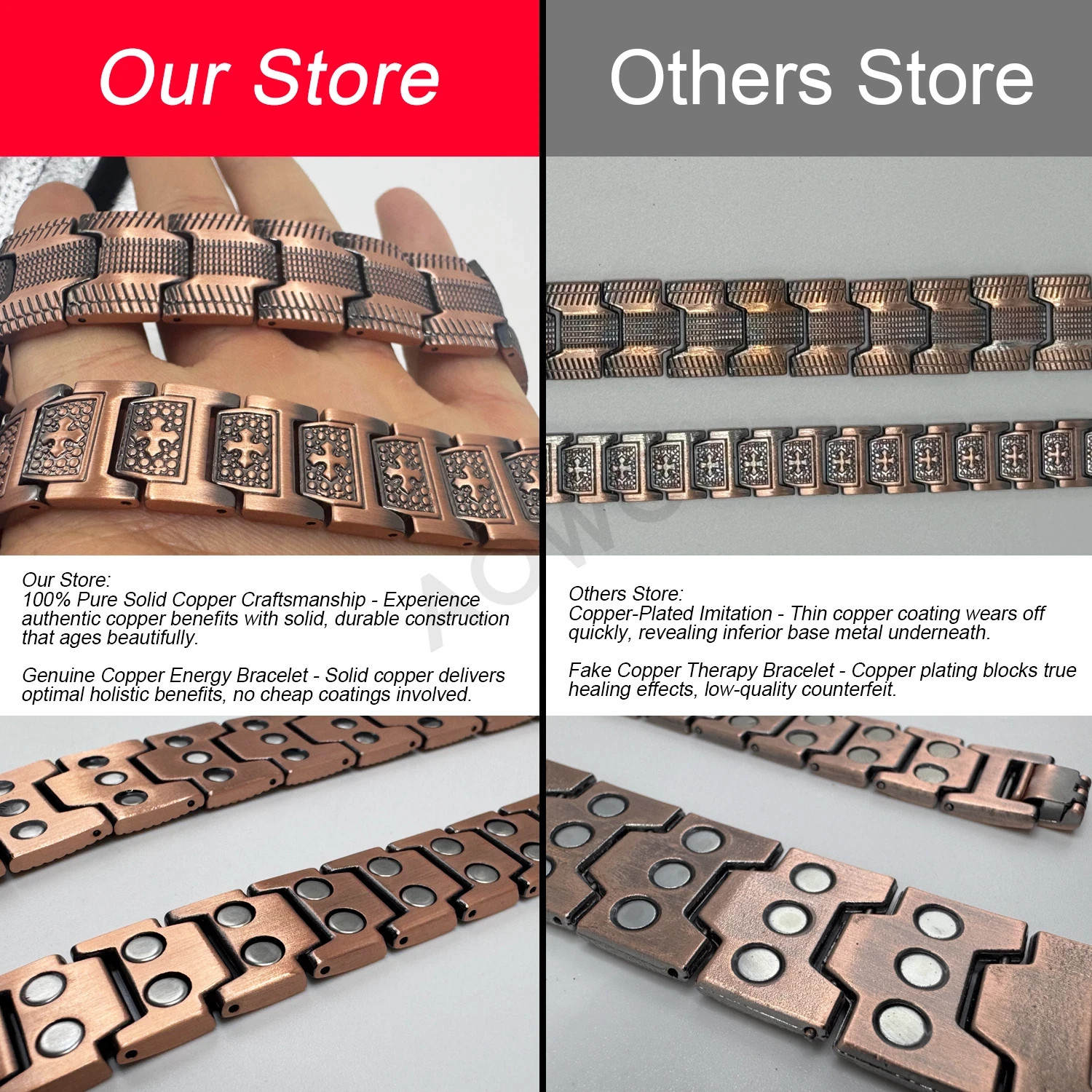100% Pure Copper Energy Chain Bracelet Magnets Cross Crucifix Therapy Health