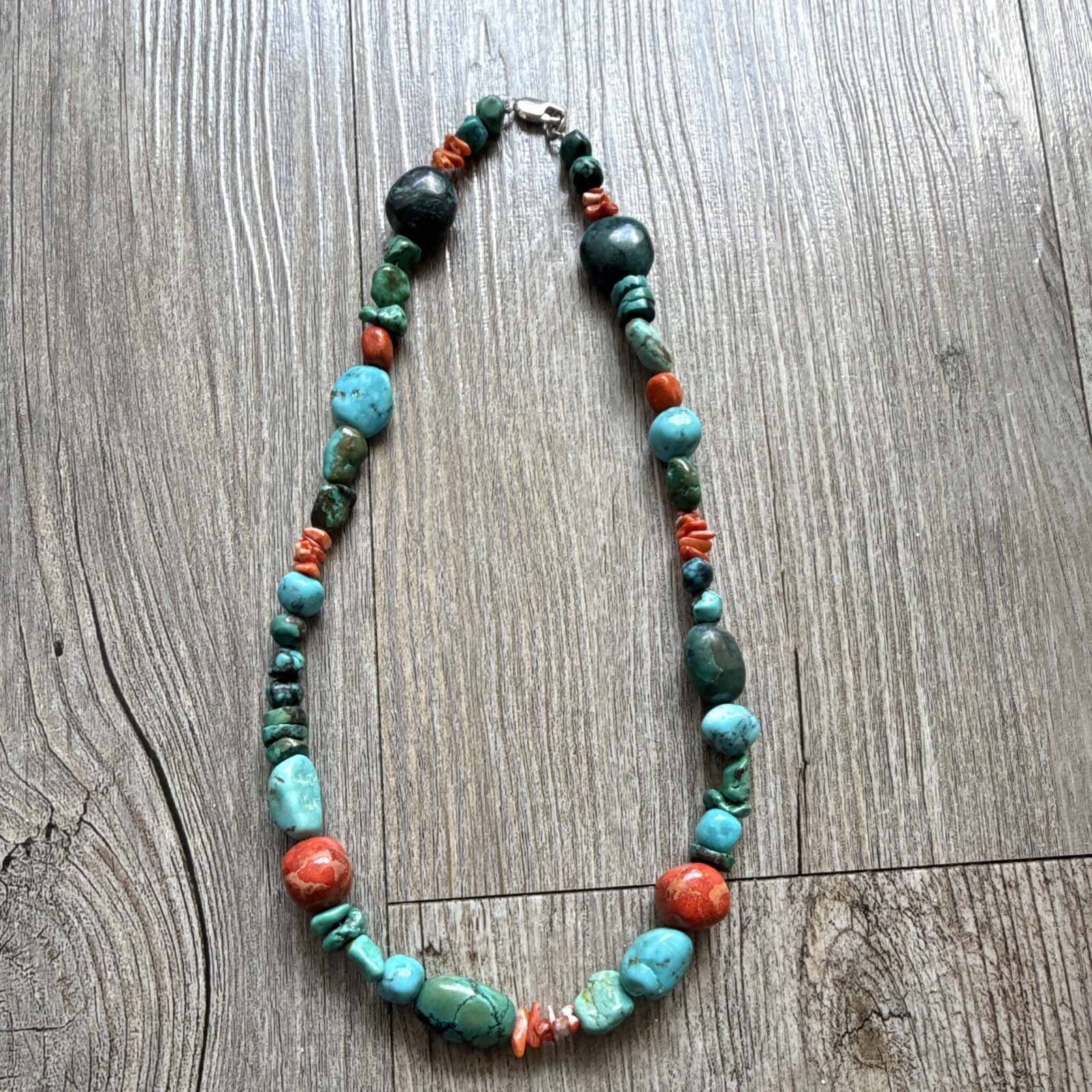 Turquoise & Jasper Stone Beaded Necklace, Round Blue Beads, Lobster Clasp