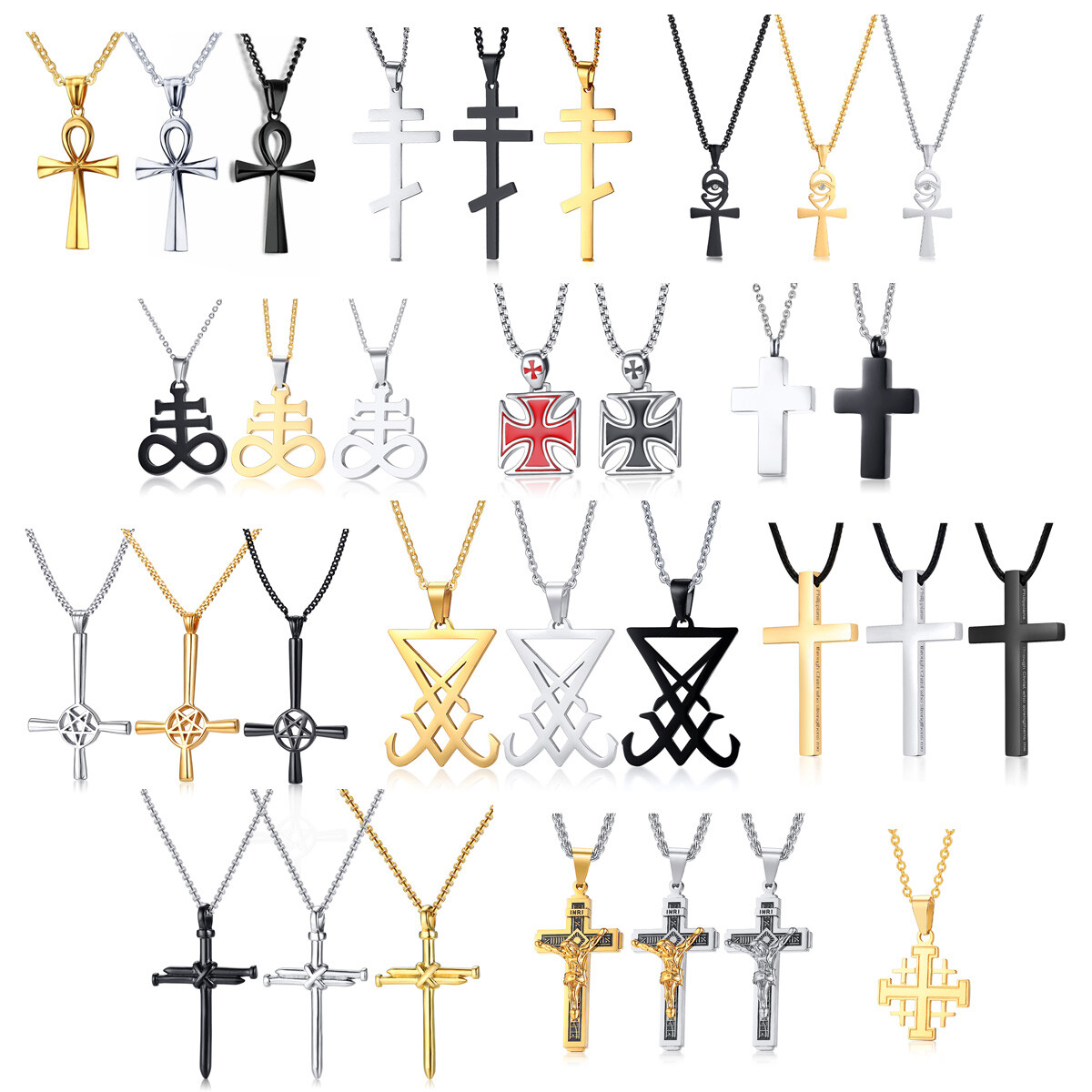 Men Christian Ankh Cross Satan Sigil of Lucifer Pendant Necklace Stainless Steel