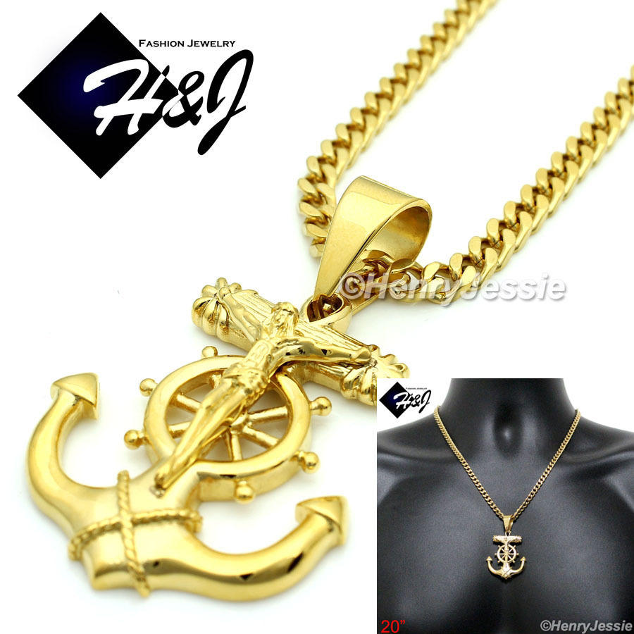 20″MEN Stainless Steel 5mm Gold Plated Cuban Curb Necklace Cross Pendant*GP58