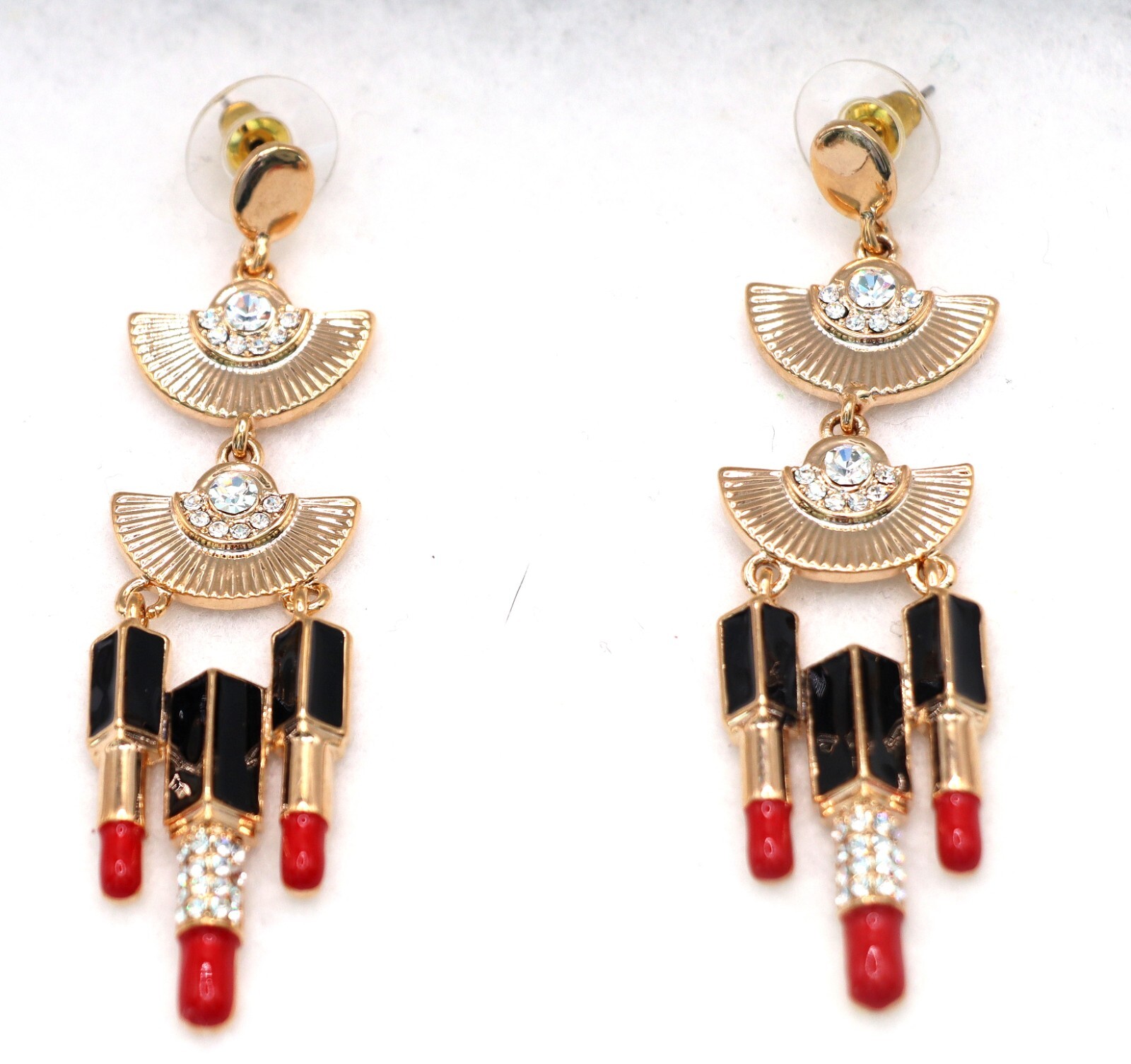 Betsey Johnson Lipstick Red Enamel & Rhinestone Gold Tone Dangle Earrings NEW