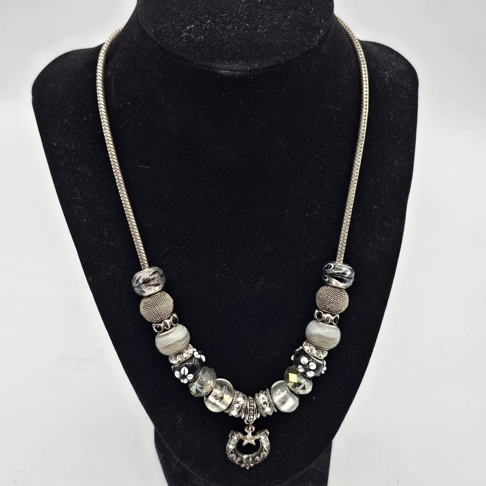 Silver Tone Snake Chain Necklace Mixed Beads Crescent Charm Boho Statement