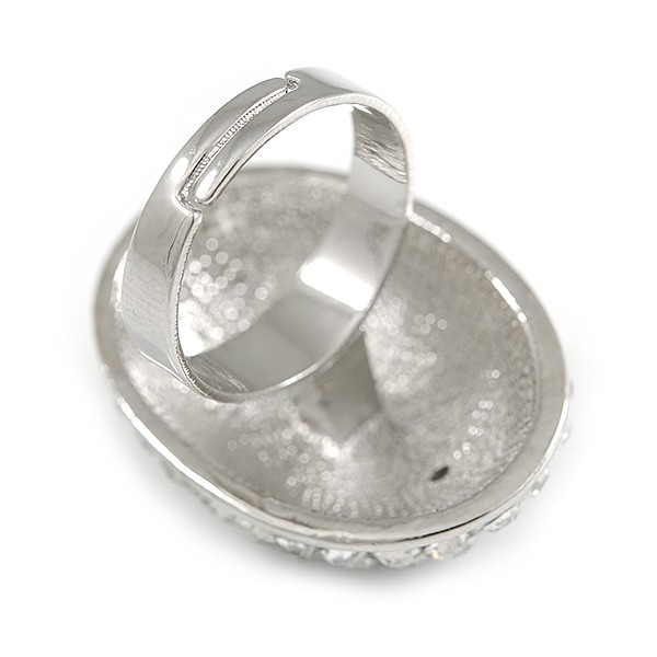 Oval Dome Shape Clear/ Grey Crystal Ring In Silver Tone Metal – 30mm Long – 7/8
