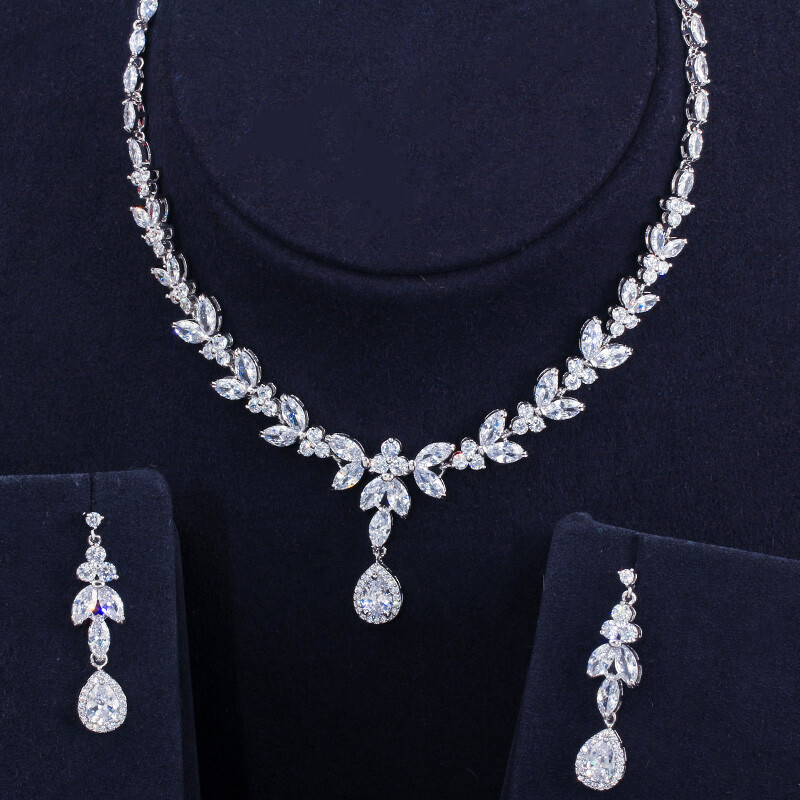 CWWZircons Luxury Leaf Silver Plated Cubic Zirconia Wedding Necklace Jewelry Set