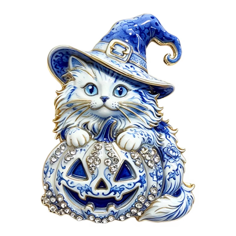 Blue White Halloween Witch Cat Pumpkin Flower Brooch Pin Gold Rhinestone Jewelry