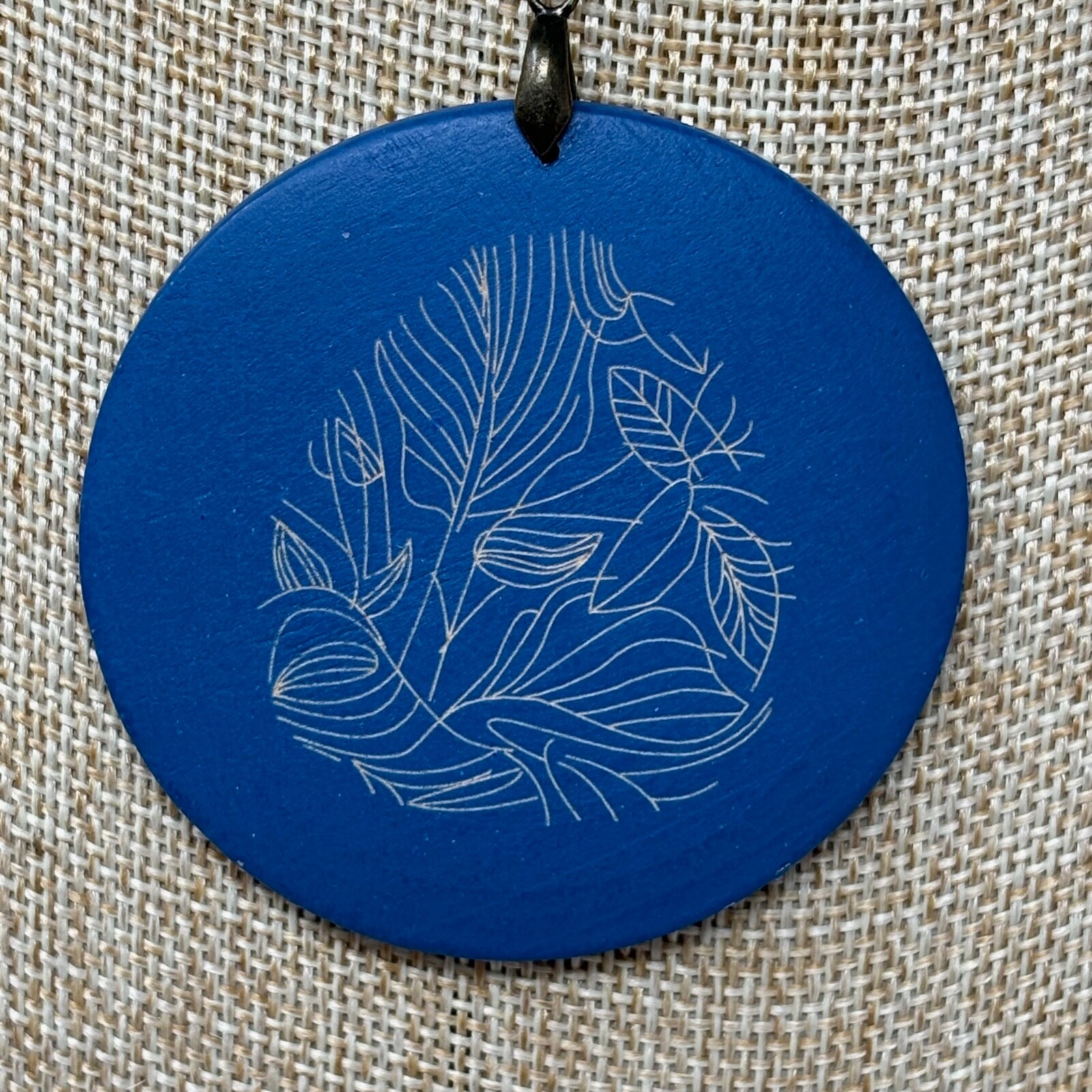 Bronze Tone Chain Necklace with Large Navy Blue Round Wooden Pendant Engraved