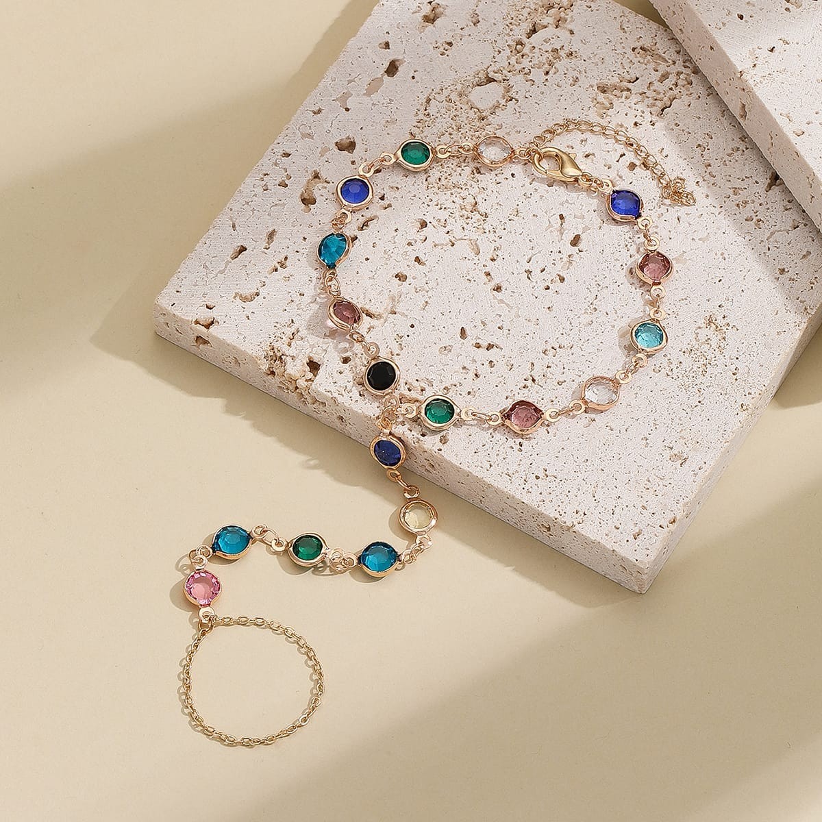 Boho Hand Chain Bracelet Ring Gold Tone Multicolor Accent Wrist Finger Jewelry