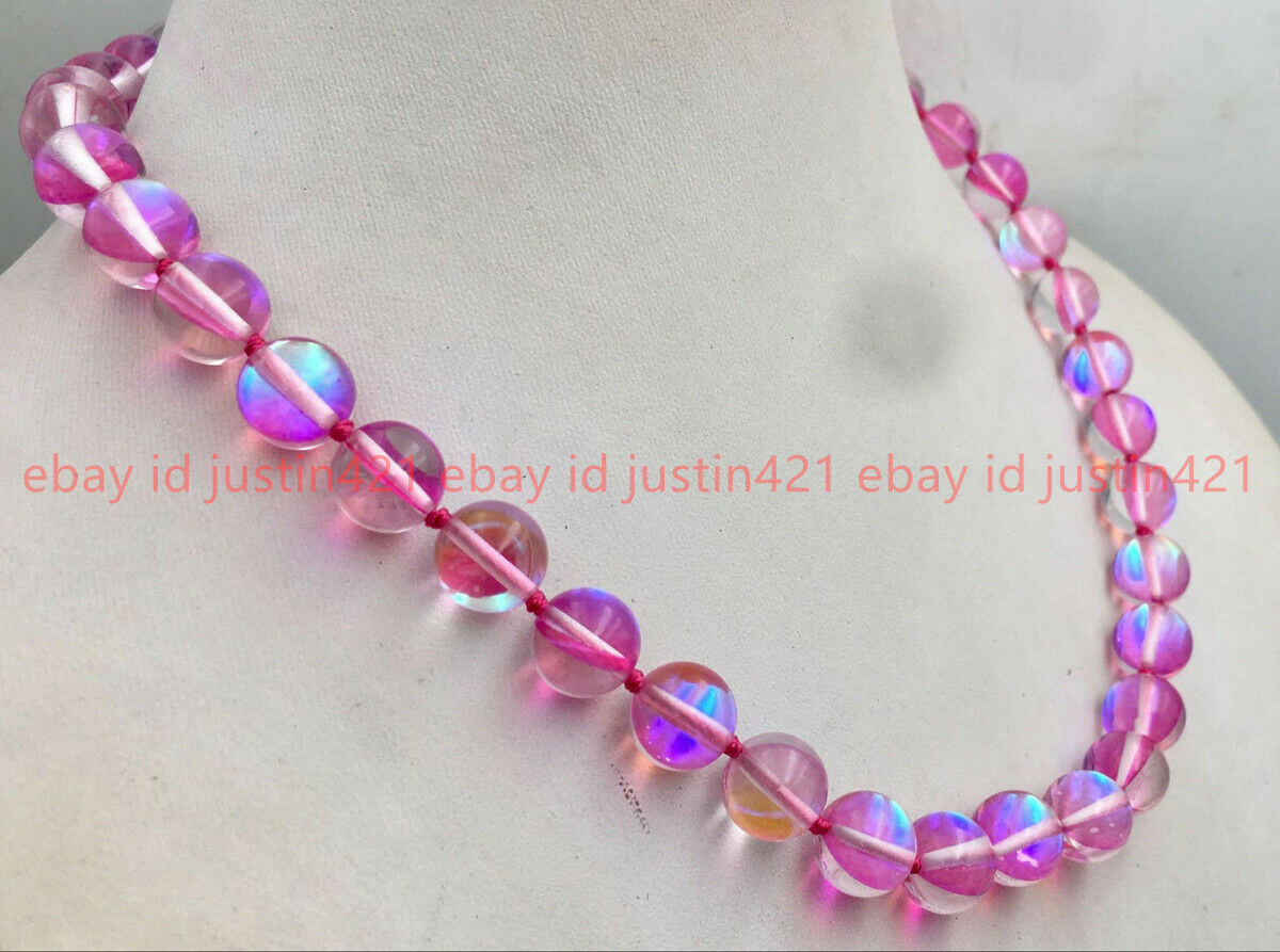 Natural 6/8/10/12mm pink Gleamy Rainbow Moonstone Round Gems Necklace 18” AAA