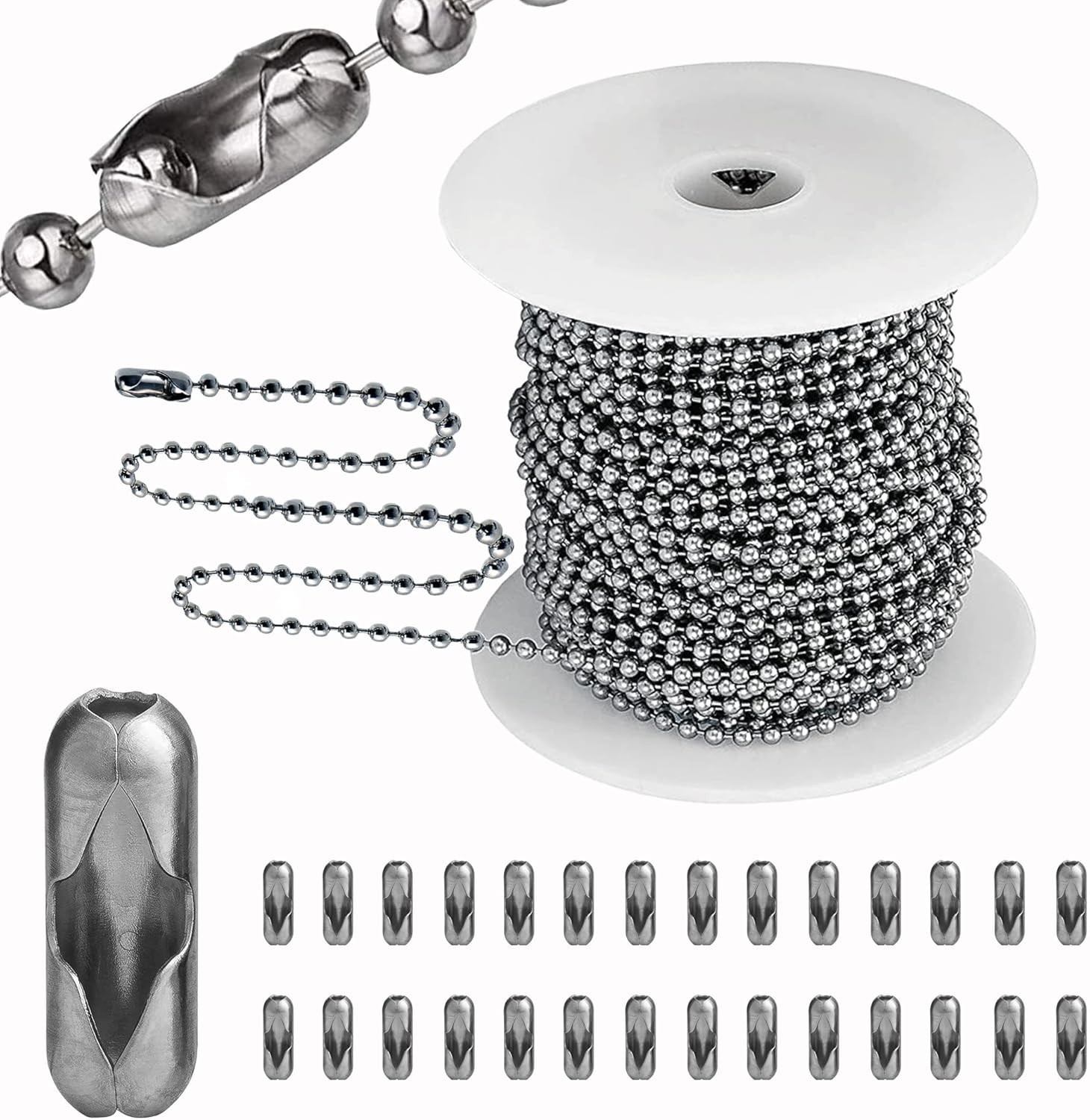 16ft or 55Ft Ball Bead Chain Stainless Steel Bulk Necklace Chain with Connectors