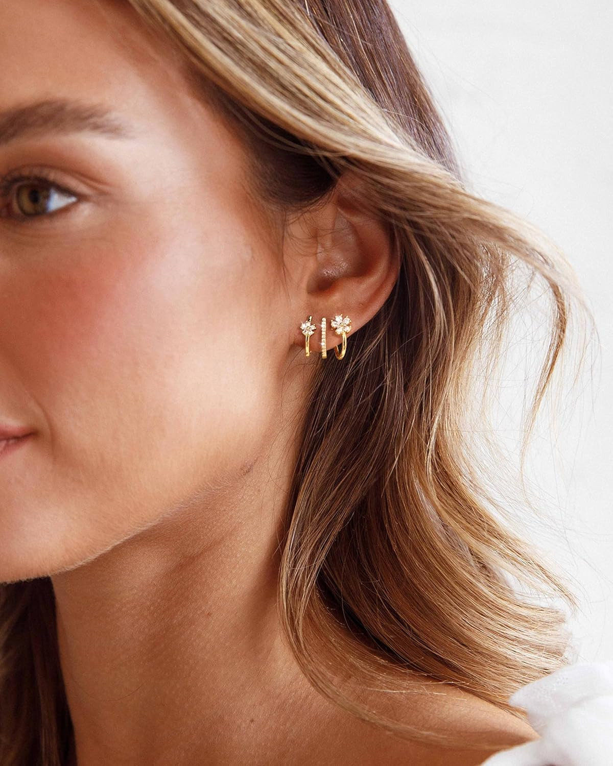 Triple Illusion Huggie Stud Earrings, 14K Gold Plated Trendy Flower Huggie Hoop