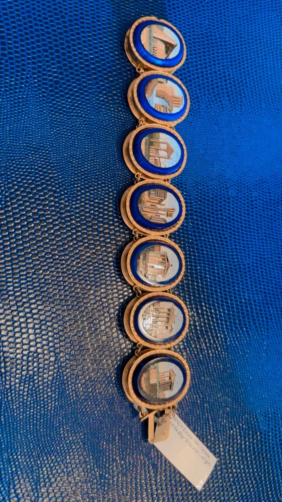 18k Yellow Gold French Handmade Micro Mosaic Link Charm Bracelet Blue 6.5in