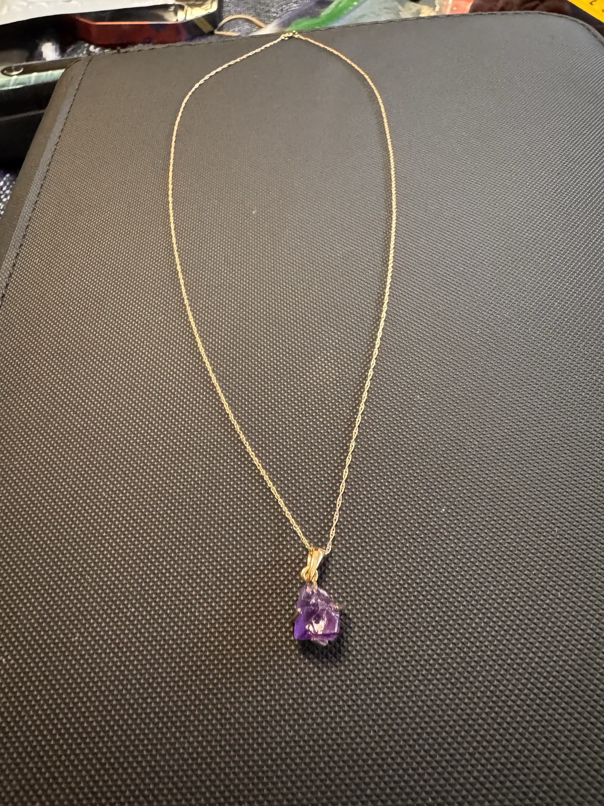 14K Gold Necklace With Genuine Uncut Amethyst Embedded Into Pendant. 18 In, New