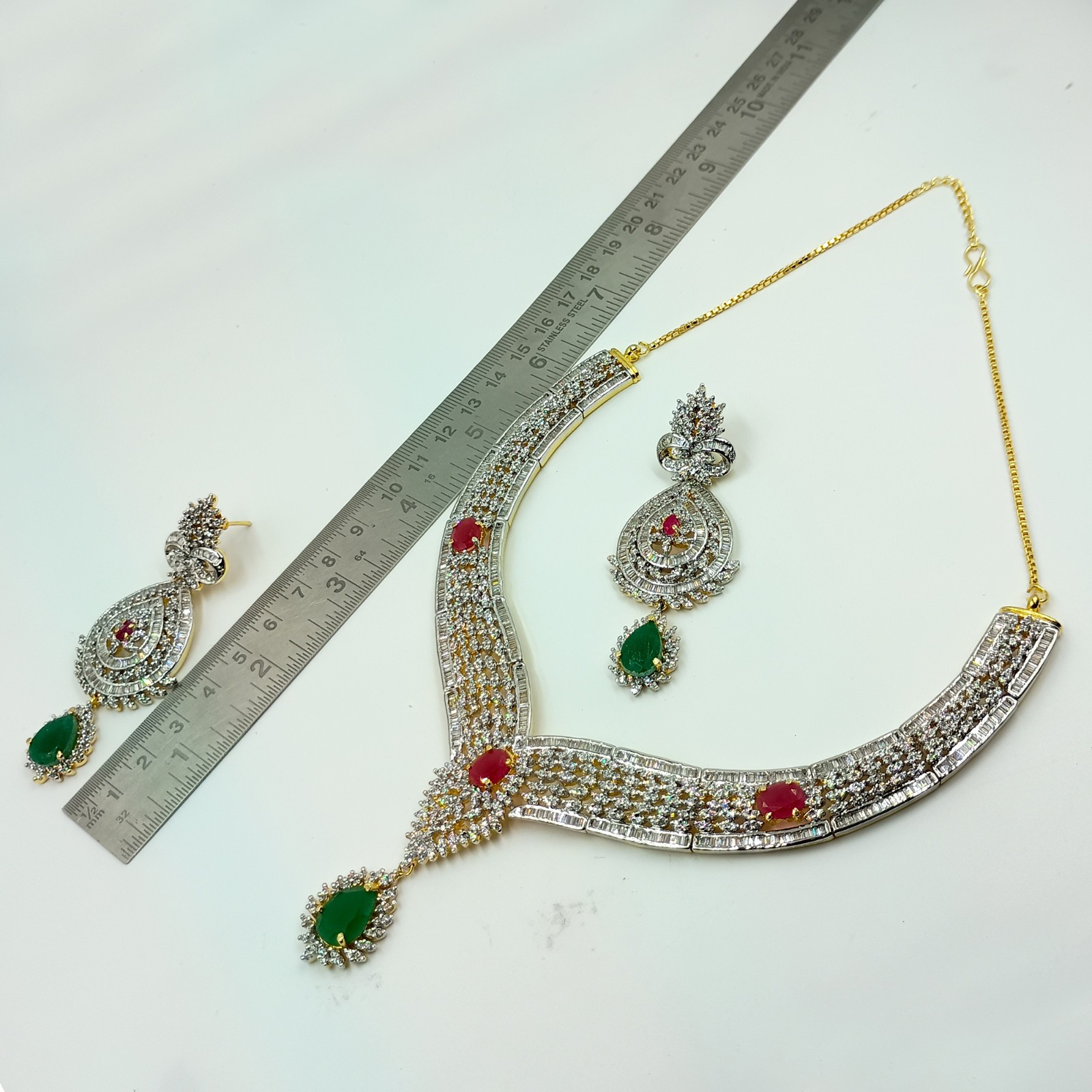 Traditional Emerald Ruby CZ Diamond Choker Necklace Set 22k Gold Plated
