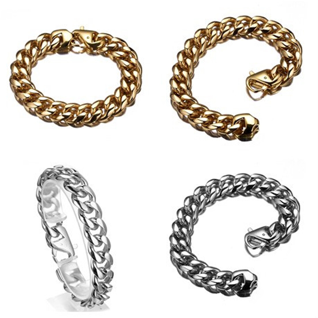7″-11″ 15mm Heavy Mens Stainless Steel Bracelet Bangle Curb Chain Silver or Gold