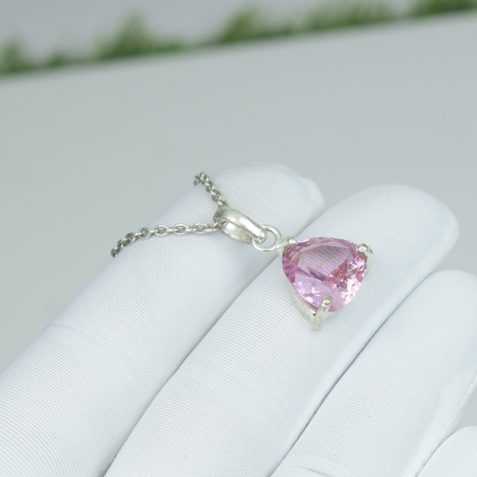 925 Solid Sterling Silver Pink Kunzite Necklace Jewelry, 16Ct Triangle Pendant,