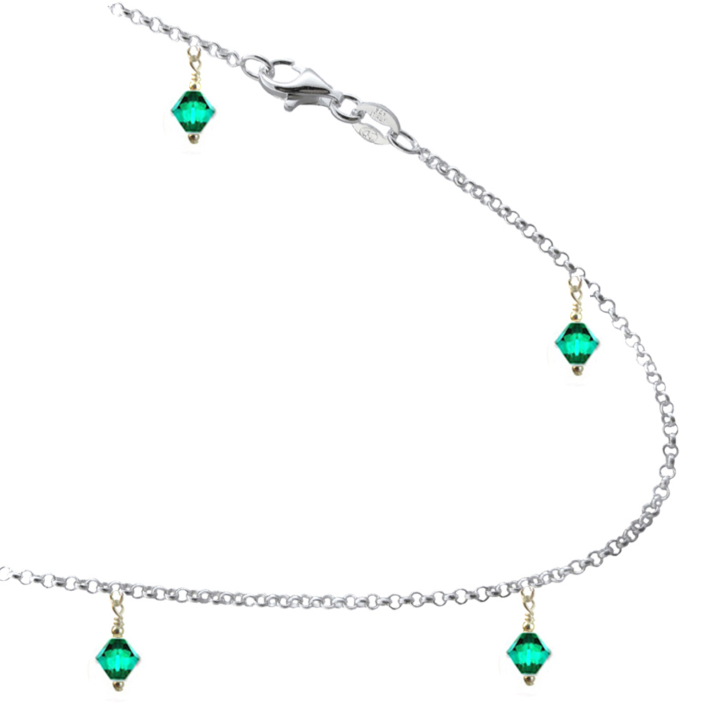 Emerald Colored Crystal with Sterling Silver Bracelet Anklet 7,8,9,10,11,12,13″