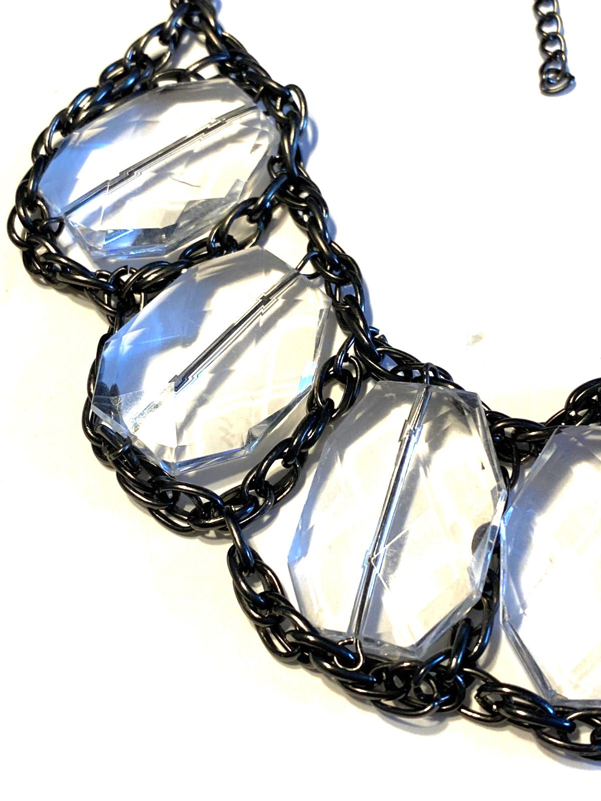 Gun Metal Chain Bib Necklace with Clear Faceted Beads 16 Inches