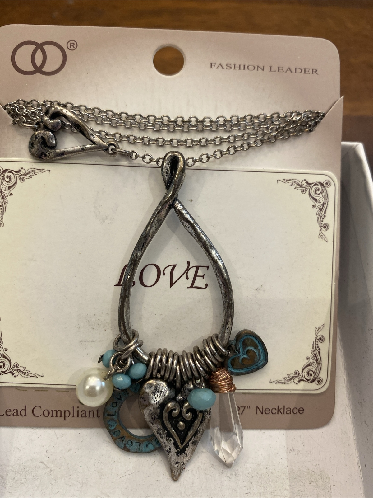 Beautiful 27 inch Silver Finish Necklace Love, Heart & Protection Crystal Charms