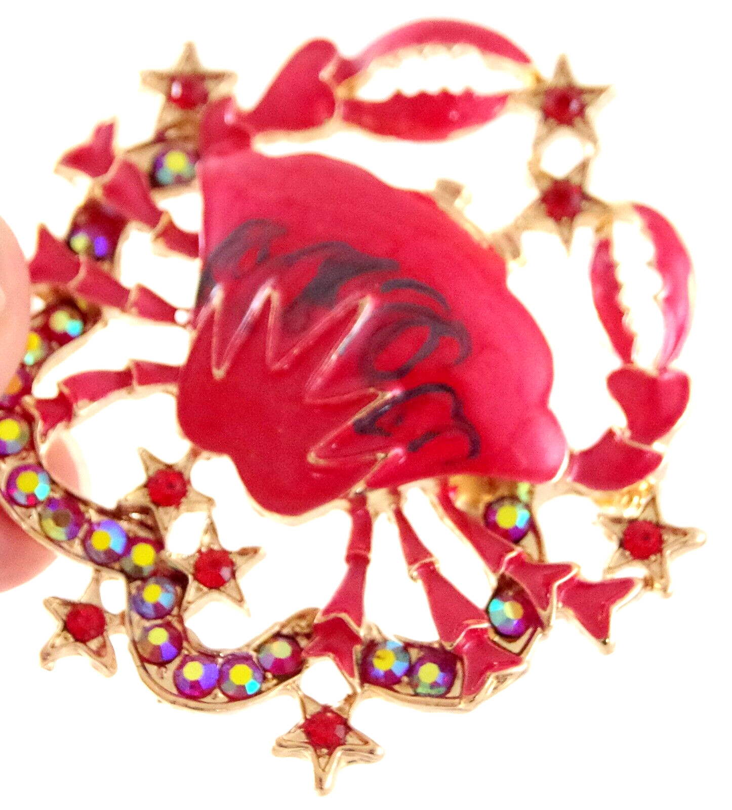2 3/8″ NWOT DESIGNER STYLE CANCER ZODIAC HOROSCOPE CRAB AB RHINESTONE BROOCH PIN