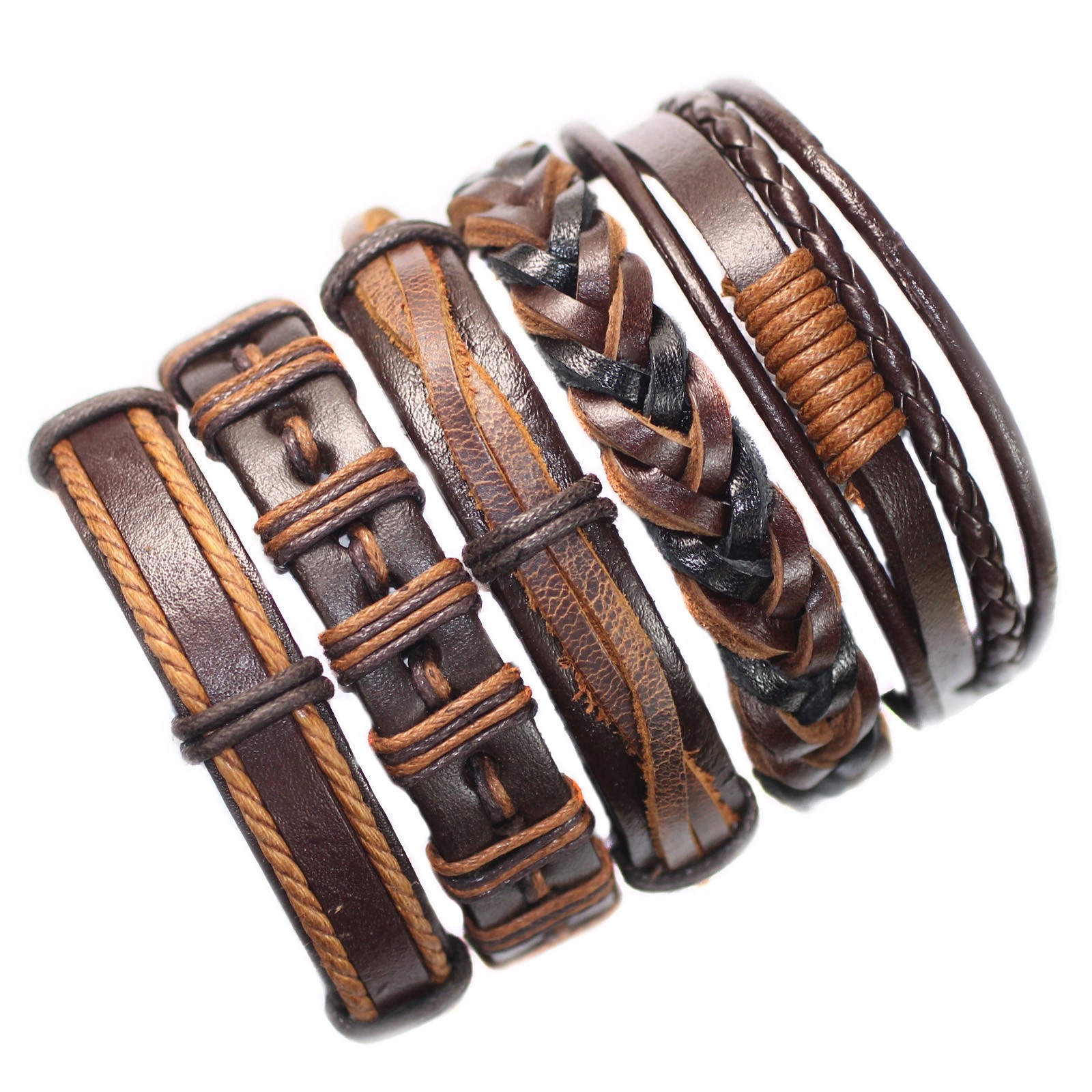 5PCS Braided Surfer Leather Bracelets Multilayer Rope Wristband for Men Jewelry