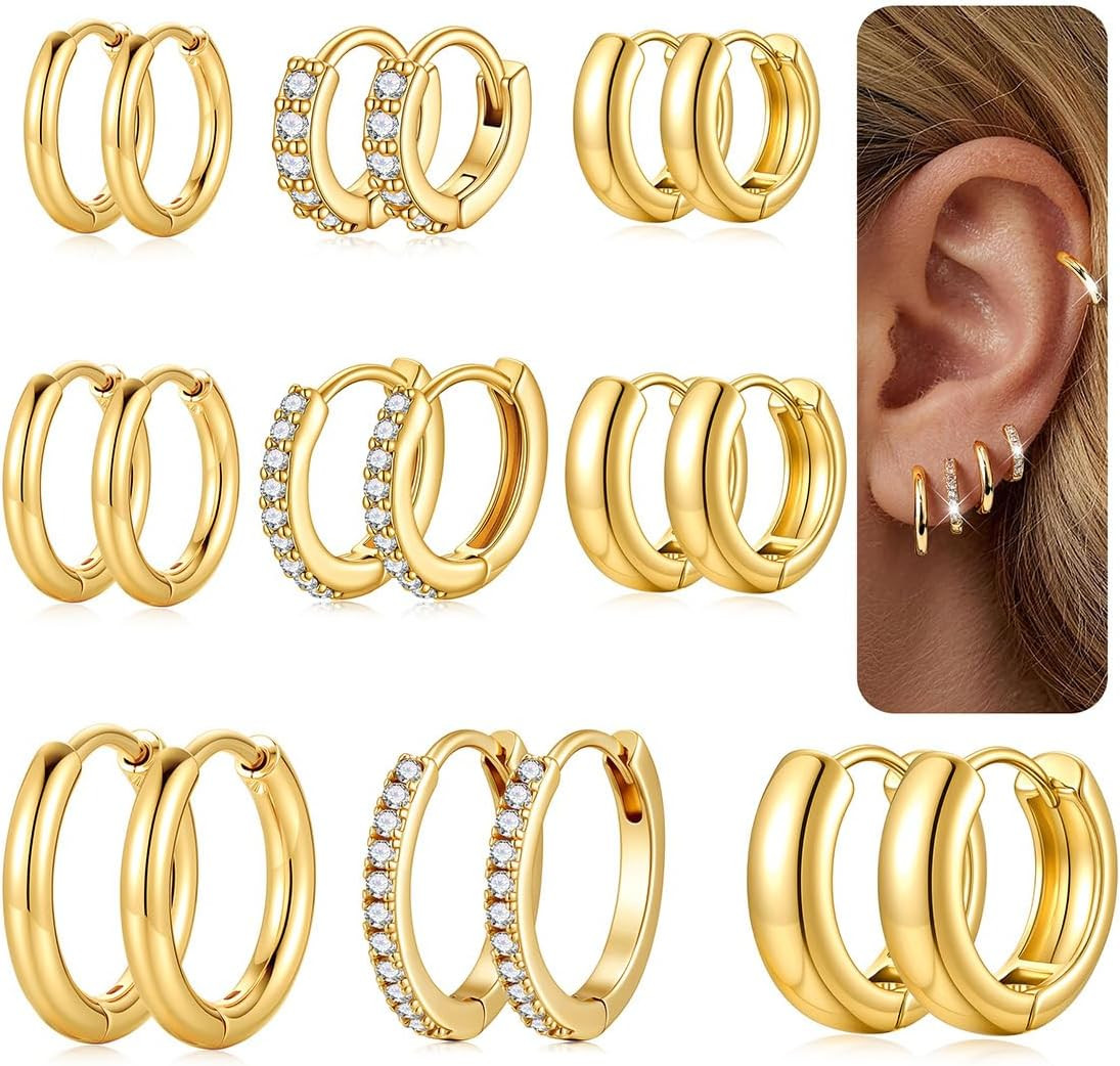 9 Pairs Gold Hoop Earrings Sets for Women | 14K Gold Plated Hypoallergenic Huggi