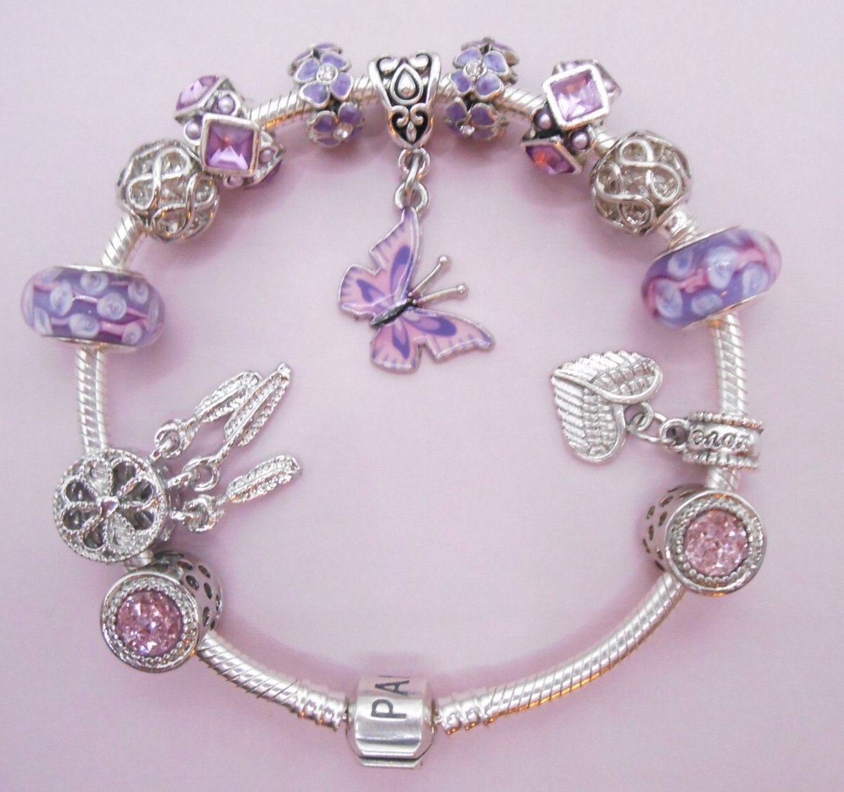 PANDORA SILVER CHARM BRACELET WITH PURPLE BUTTERFLY CRYSTAL CHARMS & GIFT BOX!